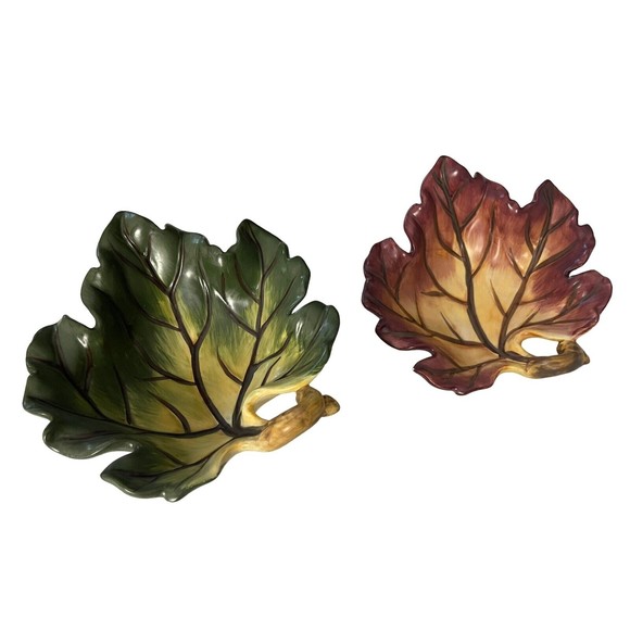 Elements (2) Ceramic Leaves Trinkey Trays Holder Spoon Rest Catch All Decor - Picture 9 of 11